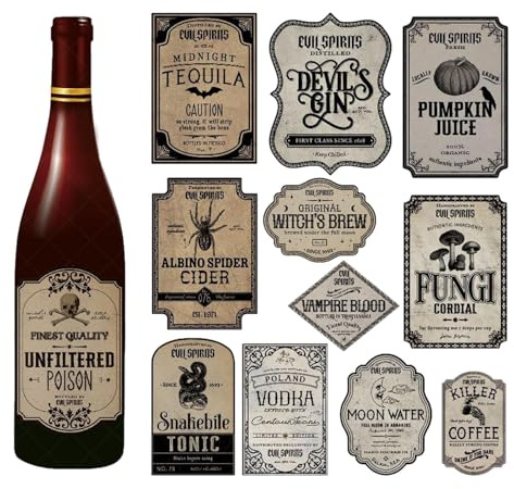 Halloween Drink Stickers, Pack of 12 - Spirits Bottle Labels for Water Bottles, Self-Adhesive Wine Labels for Celebration, Decorative Stickers with Thematic Designs, Perfect for Wall Decoration