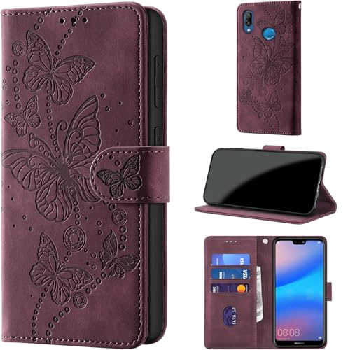 Handyhülle für Huawei P20 Lite Hülle, Burgund | Klappbar Premium PU Lederhülle, RFID Schutz, Stoßfeste, Kartenfach, Standfunktion, Magnetverschluss, Leder Prägung, Flip Case