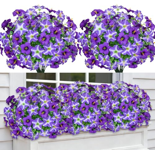Künstliche Blumen 12 Bündel Kunstblumen wie echt Künstliche Balkonpflanzen Wetterfest Petunie mit Eukalyptus Seidenblumen Blumenstrauß UV-beständig Fake Blumen für Innen Balkon Garten (Lila)