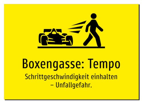 Boxengasse: Tempo - Schrittgeschwindigkeit einhalten – Unfallgefahr. – Aluminiumschild A4: 297x210mm – Mit Grafik und Text
