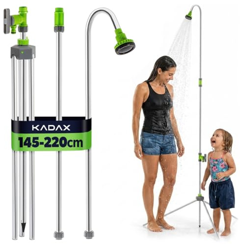 KADAX Douche de jardin réglable en hauteur 145-220 cm, douche extérieure avec raccord de 1/2 pouce pour tuyau d'arrosage de jardin, douche de camping en aluminium, douche au sol pour jardin et camping