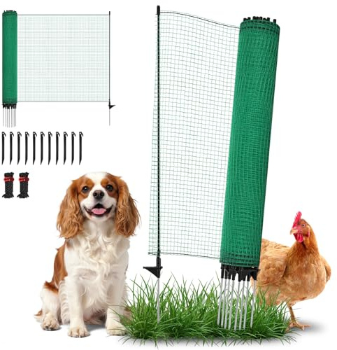 Ollewiellan Mobiler Zaun 20m x 95cm, Hundezaun mit 12 Pfählen, Höhenverstellbarer Steckzaun für Garten, Camping & Tiere, Engmaschiges Gartennetz, Weidezaun für Hunde & Kleintiere, Schnell Aufbaubar