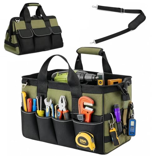 Heavy Duty Tool Storage Bag, Wear Resistant Tool Organizer with Zip Closure, Reinforced Rubber Base & Shoulder Strap, Multi-Purpose Large Capacity Carry Bag for Hand Tools, Power Tools, Ele