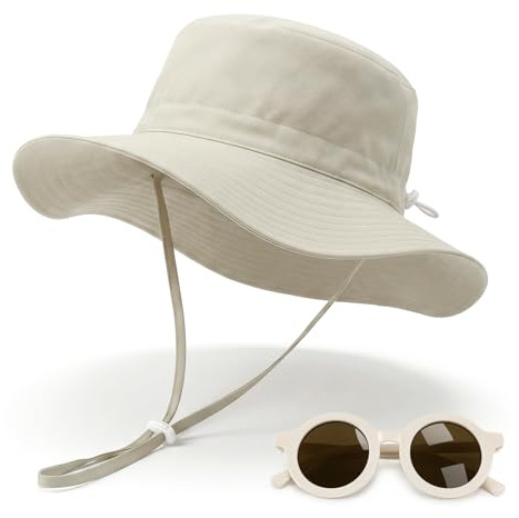 ZAHRVIA Sonnenhut Kinder mit Sonnenbrille Set, UV Schutz UPF 50+ Fischerhut Baby, Atmungsaktiv Bucket Hat Sommer Mütze mit Kinnriemen für Mädchen & Jungen, 3 Größen für 6 Monate - 8 Jahre