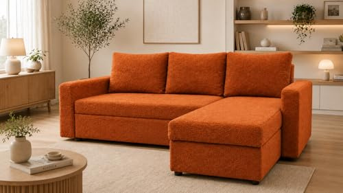 DMSM Teddy Kleines Ecksofa mit Schlaffunktion, Bouclé Sofa, Bettkasten, Bonellfederung, DL-Auszug, 220 cm, Universal Links/Rechts (Rostig)