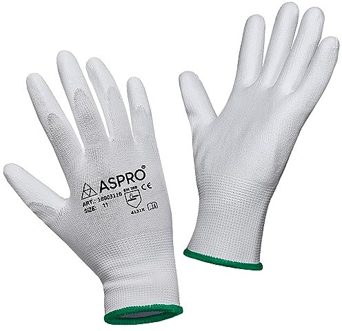 10 Pairs - Size XL(10) - White Nylon PU coated work gloves for builders, gardeners, etc - By ASPRO (10 pairs, X-LARGE(size 10))