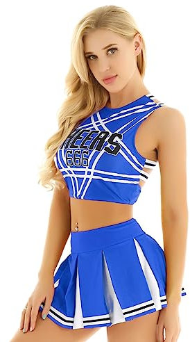 iiniim Damen Cheer Leader Kostüm Cheerleading Uniform Crop Tops mit Faltenrock Schulmädchen Kostüm Cosplay Halloween Fasching Karneval Kostüm S-XXL Blau M