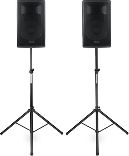 Pronomic E-215 MA Stative Set - 2 aktive 2-Wege Boxen - Leistung: 2X 120 Watt (RMS) - 15 Woofer + 1,0 Kompressions-Treiber - Bluetooth - MP3-Player mit USB/SD - Monitorschräge - inkl. Stative