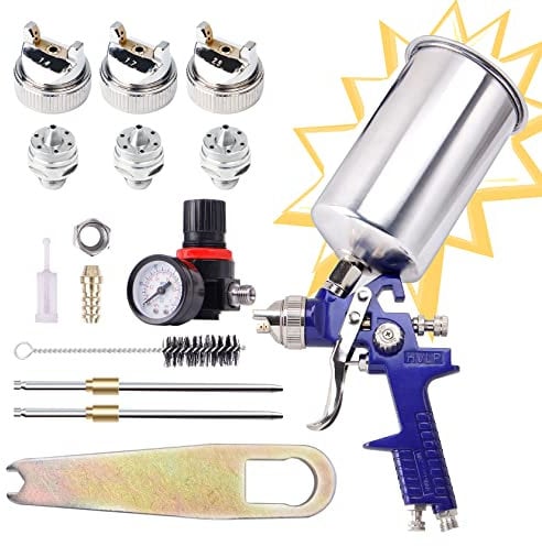 CarBole Pistola de Pintura HVLP con Taza de Aluminio 1000cc y 3 Boquillas 1,4/1,7/2,5 mm,Pistola de Pulverización con Regulador de Presión de Aire,Para Automóviles,Paredes,Muebles,Vallas (Azul)