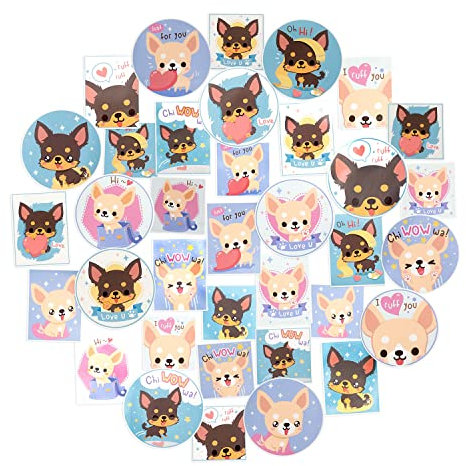 Navy Peony Playful Chihuahua Puppy Sticker Bundle (36-Pack) - Waterproof, Durable, Perfect Fit | Square, Vertical Stickers for Planners | Big, Round Decals for Laptops, Water Bottles