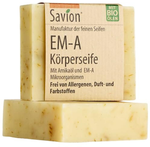 Savion EM-A Körperseife, mit effektiven Mikroorganismen, für Allergiker, ohne Duftstoffe, Vegan & Palmölfrei, Tierversuchsfrei, 80g Ideal bei Juckreiz und Hautreizungen. Made in Germany