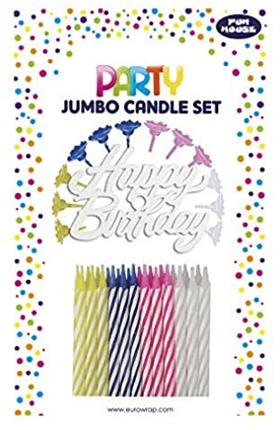 Eurowrap 12636-GC - Un lot de 24 bougies (+ 12 porte-bougies) couleurs assorties + un support ''Happy Birthday'' blanc