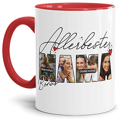 Tassendruck Fototasse mit Spruch - Allerbeste Bonus Mama - zum Selbst gestalten mit Foto-Collage für 4 Fotos, Innen & Henkel Rot, 300 ml