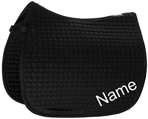 Eskadron schwarz Cotton Dressur-Schabracke mit individuellem Namen Bestickt, Schriftart:Holli, Garnfarbe Maderia:Baby Blue 1675