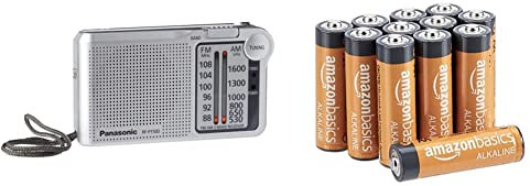 Panasonic Rf-P150Deg-S - Radio Portátil (150Mw, FM/Am, Radio De Bolsillo, Led, Radio Analógica) Color Plata + Amazon Basics - Pilas Alcalinas AA 'Performance' (Paquete De 12) - Diseño Variable