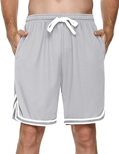 Litherday Shorts Herren Sportshorts Kurz Hosen Streifen Jogginghose Sommer Traininghose mit Taschen Elastischer Bund und Atmungsaktive Shorts zum Fitness, Running, Gym, Basketball, Hellgrau, XXL