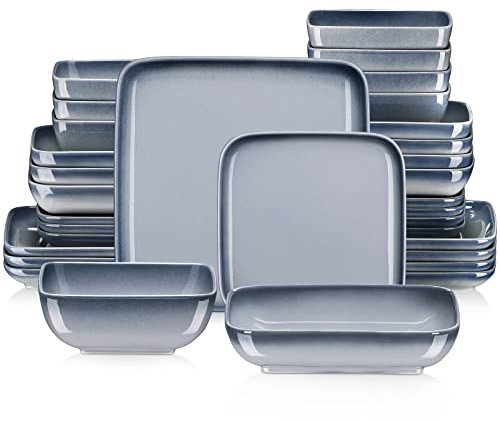 LOVECASA Tafelservice, Serie Vibri, 32-teiliges quadratische Kombiservice aus Steinzeug, Ess Geschirrset für 8 Personen | Speiseteller, Tiefteller, Dessertteller und Schüsseln, grau