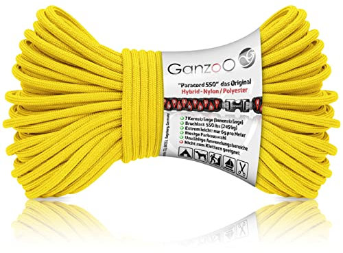 Ganzoo Paracord 550 Seil gelb, 4mm, Typ 3, Nylon Polyester, Hybrid, Armband, Hunde-Leine, Hunde-Halsband knüpfen, ca. 250kg Bruchlast, Outdoor Rope, Camping Schnur, Allzweckseil, 30 Meter