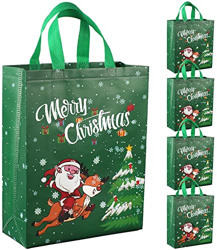 DOJoykey Weihnachts-Tragetaschen, Geschenktüten für Weihnachten, 5 grüne Weihnachts-Tragetaschen mit Griff, Vliesstofftaschen in großer Größe für Weihnachtseinkäufe, Party-Dekoration