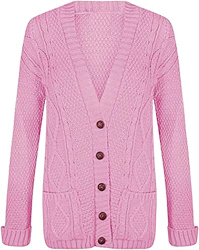 Purple Hanger Women’s New Long Sleeves Ladies Chunky Aran Cable Knit Button Grandad Cardigan Sweater Plus Size 8-26 (20-22, Baby Pink)