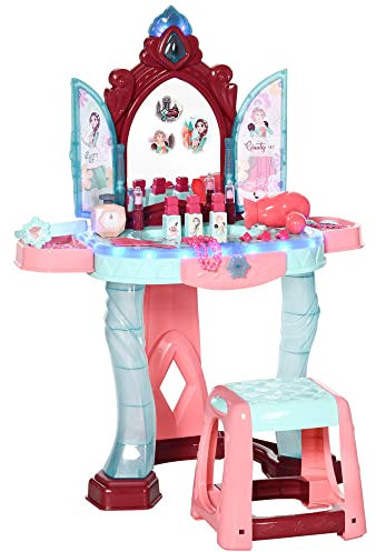 AIYAPLAY Tocador de Juguete para Niñas de +3 Años con Taburete Espejo Luz Música y Secador Incluye 31 Accesorios Tocador de Maquillaje 57x34x76 cm Multicolor