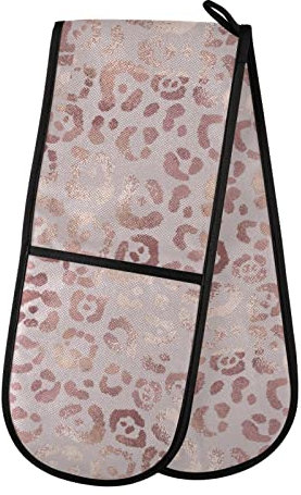 Double Oven Glove Pink Leopard Print Heat Resistant Double Ovens Mitt Modern Cooking Gloves Potholders