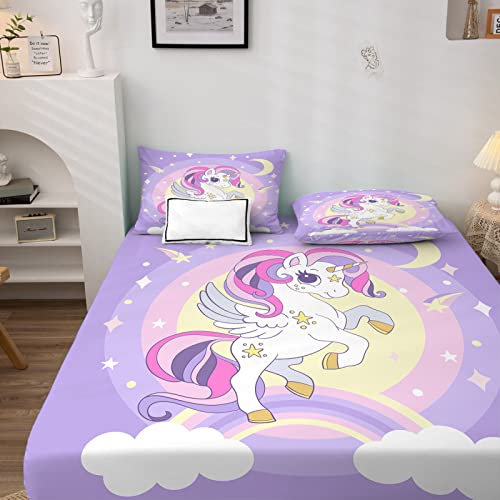 Mädchen Spannbettlaken 180x200cm, Spannbetttuch Einhorn Regenbogen Muster, Weiche Mikrofaser Boxspringbett Bettlaken geeignet für Matratzen von 30 cm Mit 2 Kopfkissenbezug 80x80 cm