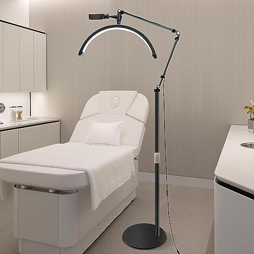 DESGNT Wimpern LED Bodenleuchte,Stehlampe für wimpernverlängerung,wimpern lampe mit Telefonständer,Drehbar 360° Halbmond Beauty Lichter Stehlampe,3000K-6000K,für Tätowierer und Kosmetikerinnen.