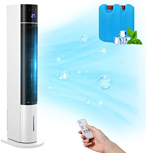 104CM Turmventilator mit Fernbedienung und Wasserkühlung, 4 in 1 mit Kühlung Befeuchtung Reinigung, 50° Oszillation, 12 Stunden Timer, Leiser für Schlafzimmer, Wohnzimmer, Weiß