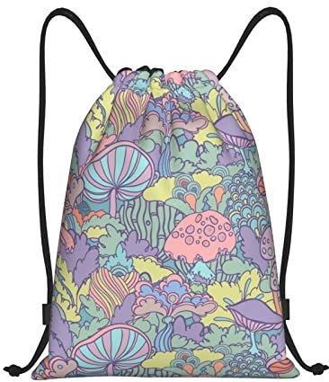 SJOAOAA 60er 70er Jahre Blumen und Pilze Sportausrüstung Tasche Kordelzug Tasche Wasserdicht Leichte Turnhalle, Schwarz , M