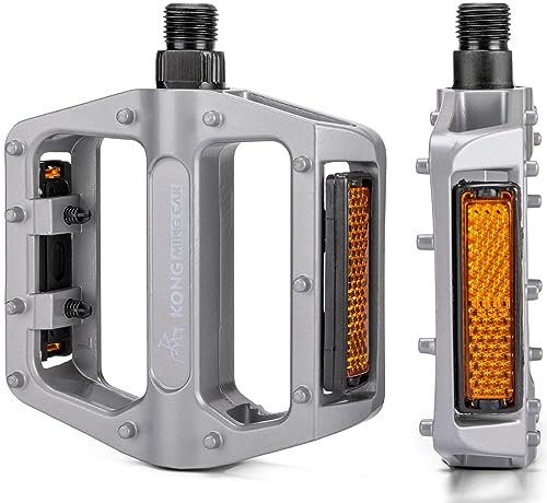 KONG MING CAR Pedales de Bicicleta, Pedales de Aluminio Antideslizantes para Bicicleta de Montaña con Reflectores, Pedales de Plataforma con Rodamiento de 9/16 Pulgadas para BMX, MTB
