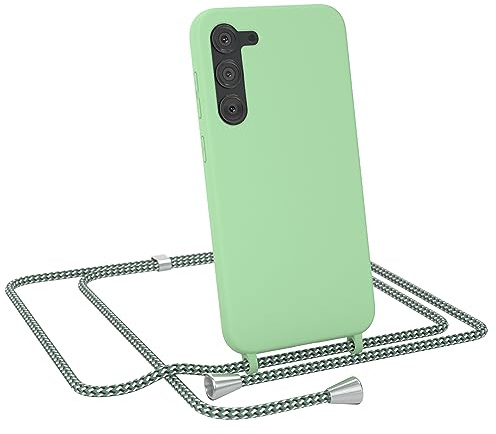 EAZY CASE - Liquid Silikon Handykette - kompatibel mit Samsung Galaxy S23 Plus Soft Silikon Slim Cover, 3-Schichten Kratzfest in Grün mit Halsband Hellgrün Camouflage Metallstücke Silber