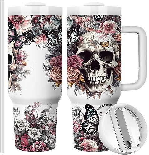 Equoza Horror Gifts Idea for Men 40oz Gothic Skulls Stainless Steel Travel Mug Tumbler with Handle, Double Wall Vacuum Insulated Cup with Lid and Straw (Pack of 1)