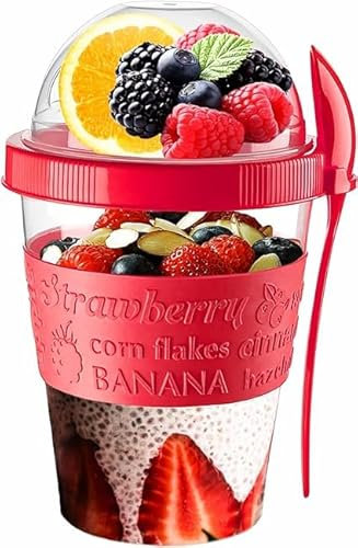 VL Yogurt Pots Spoon Reusable 600ML Overnight Oats Muesli Cup with Lid BPA free Breakfast Cereal To Go Dishwasher Safe Snack Lunch Oatmeal Jars Travel Meal Food Container 20 oz (Red)