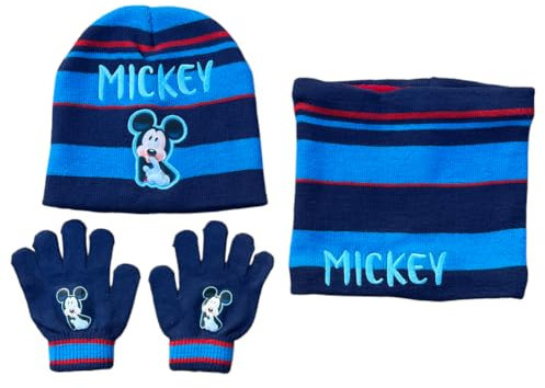 Koordinierte Mütze Halswärmer und Handschuhe Disney Micky Maus Set 3 Stück Zubehör für Kinder Einheitsgröße, blau, Einheitsgröße