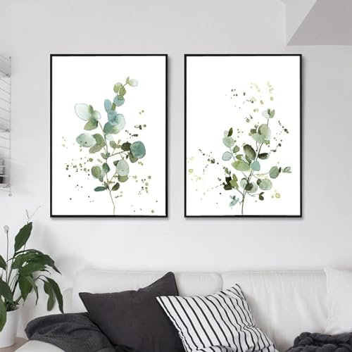 AWKFHF Minimalistisches Botanisches Eukalyptus Bilder,Leinwandbild Poster Kunstdruck Wohnzimmer Deko Schlafzimmer Bilder Wanddekoration (2X40X60CM,ohne Rahmen)