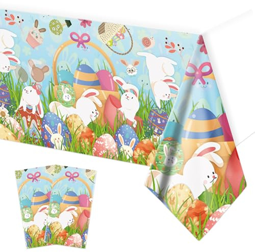 Lets Joy 2 Stück Ostern Tischdecke, 137 x 274cm Ostertischdecke, Tischdecke Gartentischdecke Ostern, Kinder Osterhase Party Tischdecke, Plastiktischdecke Frühling Ostern Kindergeburtstag