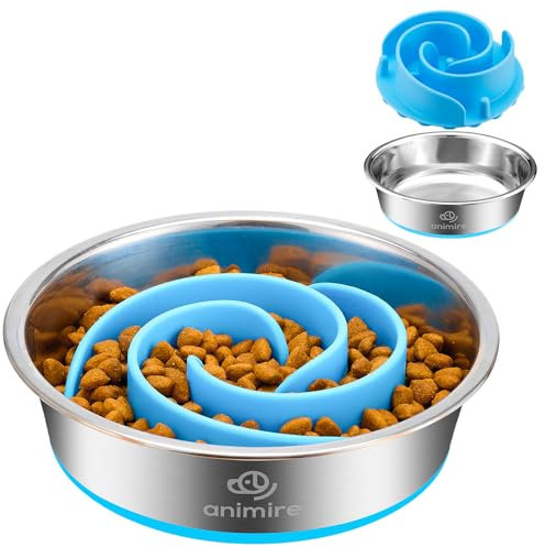 Animire 2-in-1 Metal Dog Bowl with Slow Feeder Insert, Stainless Steel Dog Bowls Food Grade 304, Water Food Bowl with Anti-Slip Silicone Base for Small & Medium Dogs