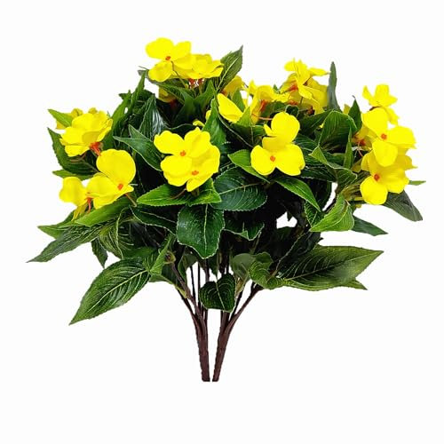 Aflorshope Künstliche Impatiens-Blumen, Seidenblumen, Grün, künstliche Impatien, Sträucher, für den Innen- und Außenbereich, Terrasse, Rasen, Garten, Topf, Hängekorb, Veranda, Dekoration, Gelb, 2