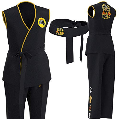 Damen Cob-ra Kai Kostüm Shirt mit Stirnband Karate Gi Cosplay Kostüm No Mercy Herren (Black, 120-130)