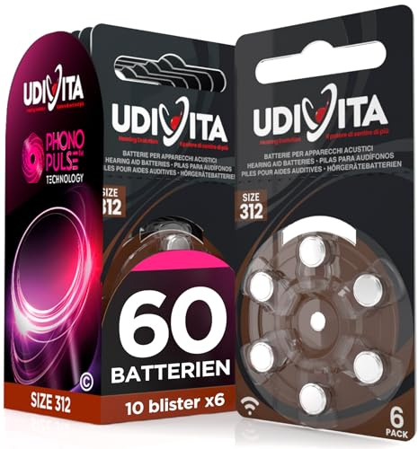 60 Batterien für Hörgeräte, Größe 312 Udivita PR41, braun, Lange Lebensdauer mit Phono-Pulse-Technologie – 10 Blister mit 6 Batterien
