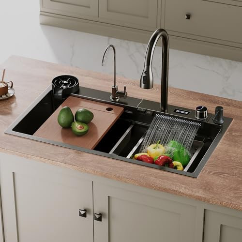 SIRHONA Évier de Cuisine Multifonctionnel à Encastrer, 1 Bac Nano Noir Évier de Cuisine Cascade en Acier Inoxydable avec Robinet Extractible Poisson Volant, Affichage de la Température (80x45 cm)
