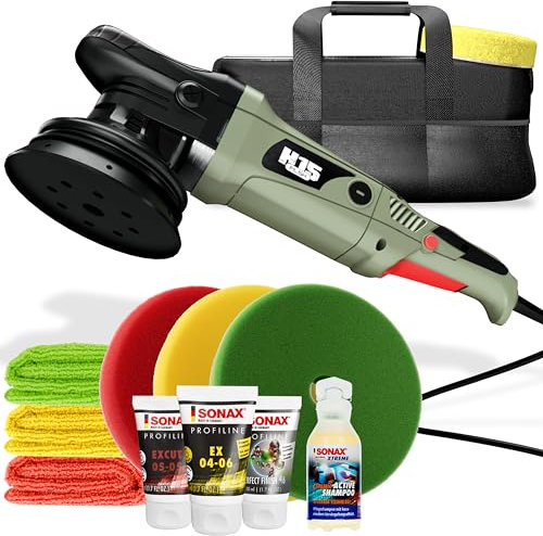Auto Politur Set | Exzenter Poliermaschine H15 720W 15mm Hub 125mm Stützteller + 3x Sonax Profiline Politur 50ml + 3x Polierpad 150mm + 3x Poliertuch | Autopolitur Komplett Set