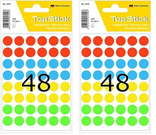 TopStick 1349 Punktaufkleber Klebepunkte bunt, 240 Stück, Ø 13 mm, 48 pro Bogen, selbstklebend, Markierungspunkte für Kalender Planer Basteln, matt, blanko Papier Farbpunkte Aufkleber (Packung mit 2)