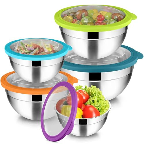 Joyfair Set di 5 ciotole in acciaio inox con coperchio ermetico trasparente, 4,5 l, 2,7 l, 1,5 l, 1,2 l, 0,7 l, impilabili, per servire/cucinare/cuocere, lavabile in lavastoviglie, multicolore