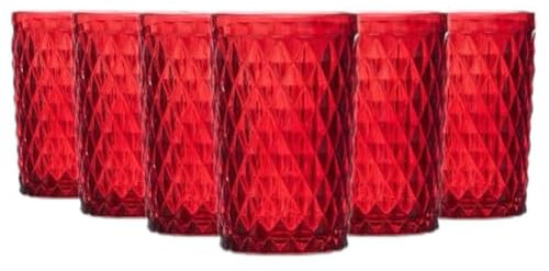 TRESV Set de 6 Vasos Colores o Transparente, Vaso de Cristal agua de 370ml, Vaso de Agua y Bebidas (Rojo 370ml)