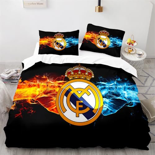echtes Madrid Fußball-Logo Bettwäsche 135x200 für Kinder, WinterKarikatur Bettbezug-Set für Junge, Mädchen, Weihnachten Bedruckte Bettbezüge mit Reißverschluss und 2 Stück 80x80cm Kissenbezug