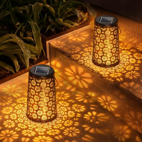 Solar Lanterns Outdoor Garden, 2 Pack Metal Solar Powered Waterproof LED Lights - Decorative Light Garden Ornaments for Patio Yard, Gifts for Women Mum Grandma