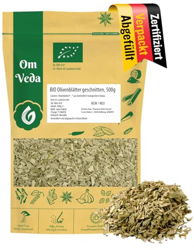 BIO Olivenblätter Tee | Olivenblättertee mit mild-herbem Geschmack | geschnitten und getrocknet | Hochwertig & Naturbelassen | Perfekt für Tee & Gewürzmischungen | OmVeda (500g)