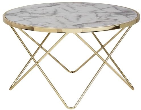 Design Couchtisch Marmor Optik Weiß Rund Ø 85 cm Gold Metall-Gestell | Großer Wohnzimmertisch | Beistelltisch